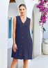 LookbookStore Women's Navy Blue Knee Length Linen Dress – Sleeveless V Neck Button Down, Self Tie Waist & Side Pockets