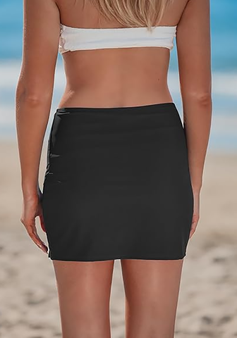 LookbookStore Women Black High Waisted Swim Skirt Tummy Control Side Slit Elastic Quick Dry Swim Cover Up
