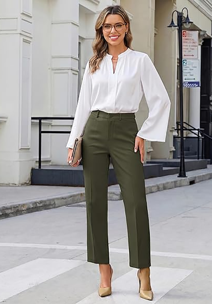 LookbookStore Women Olive Green Ankle Straight Leg Dress Pants, Elastic Waist Business Casual Office Work Trousers with Pockets