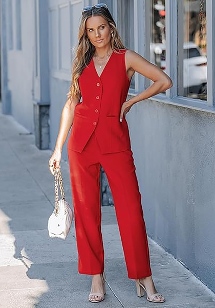 LookbookStore Red Two Piece Sets for Women Vest Pantsuits Set Structured Fit Functional Pockets Elegant Office Casual Outfits