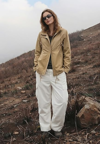 LookbookStore Women Natural Brown Waterproof Lightweight Rain Jacket Hooded Windbreaker Drawstring Zip Rain Coat for Hiking Outdoor Travel
