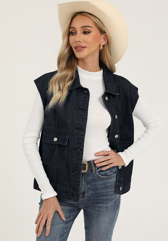 Washed Black Women's Casual Oversized Button Down Sleeveless Jean Jacket with Pockets