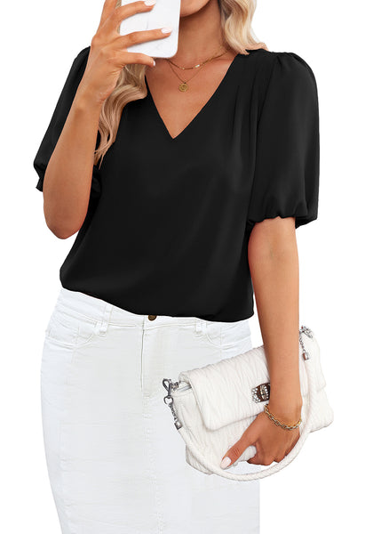 Black Women's Puff Sleeve V-Neck Blouses Business Casual Work Tops