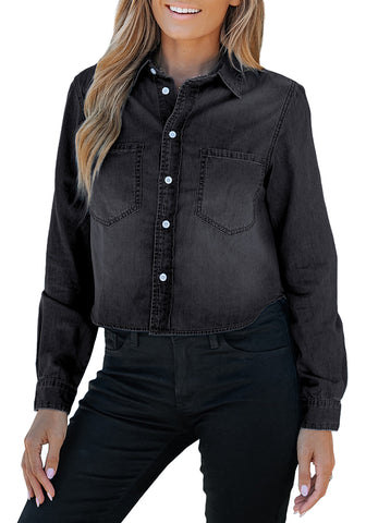 Vintage black Women's Brief Button Down Lightweight Denim Shirt Jacket Y2K Jean Blouse