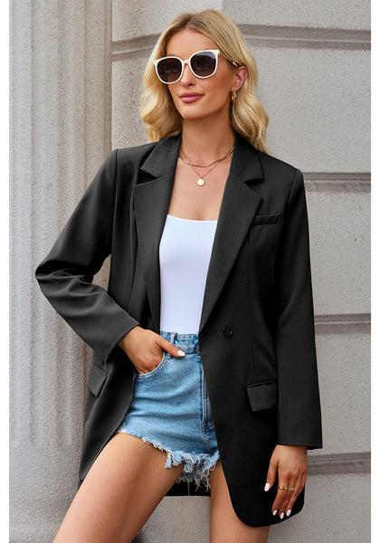 Black Women's Casual Long Suit Jacket Belted Fashion Office Blazer Outfit