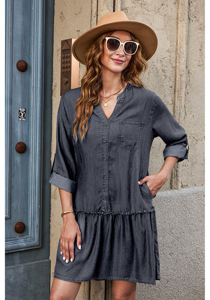 Washed Black Women's Brief Loose Denim Button Down Dress with Pockets