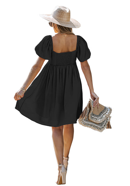 Black Women's Off the Shoulder Puff Sleeve Square Neck A-Line Babydoll Dresses