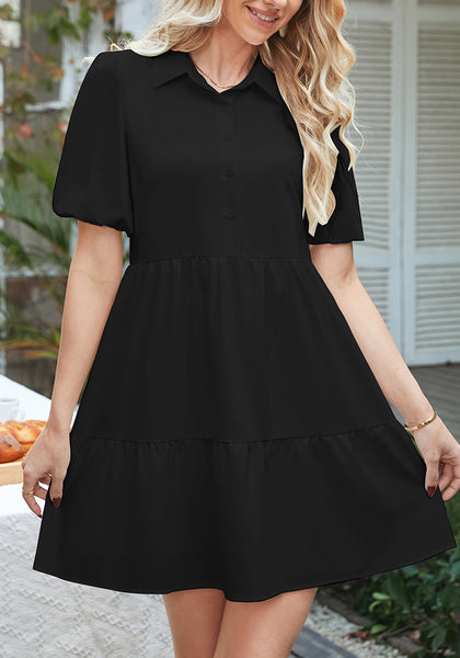 Black Flowy Dresses for Women Babydoll Shirt Dress Business Casual Work Modest Puff Sleeve Short Dress