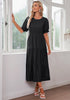 Soft Black Women's A-Line Elastic Waist Midi Dresses Puff Sleeve Denim Dress
