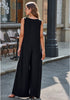 Black Women's Casual Wide Leg Sleeveless V Neckline Jumpsuits Baggy Overall With Pockets