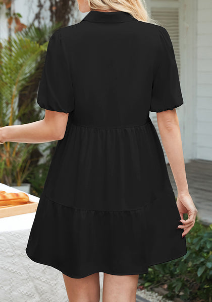 Black Flowy Dresses for Women Babydoll Shirt Dress Business Casual Work Modest Puff Sleeve Short Dress