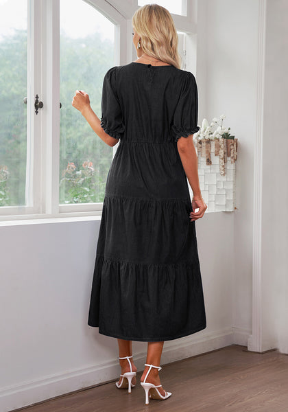 Soft Black Women's A-Line Elastic Waist Midi Dresses Puff Sleeve Denim Dress