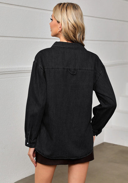 Washed Black Women's Button Down Denim Lightweight Long Sleeve Pocket Jacket