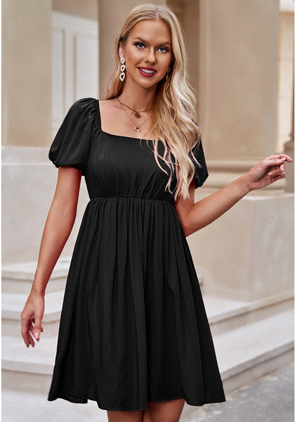 Black Women's Off the Shoulder Puff Sleeve Square Neck A-Line Babydoll Dresses