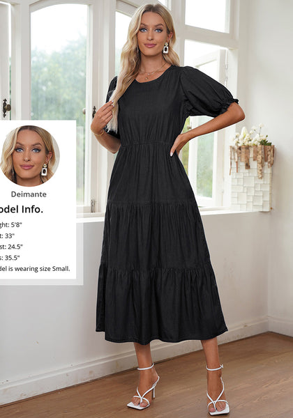 Soft Black Women's A-Line Elastic Waist Midi Dresses Puff Sleeve Denim Dress