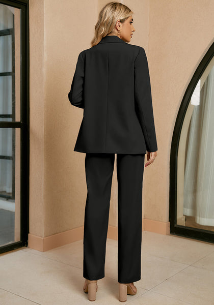 Black Women's Business Casual 2 Piece Blazer Jacket Straight Leg High Waisted Pants Suits