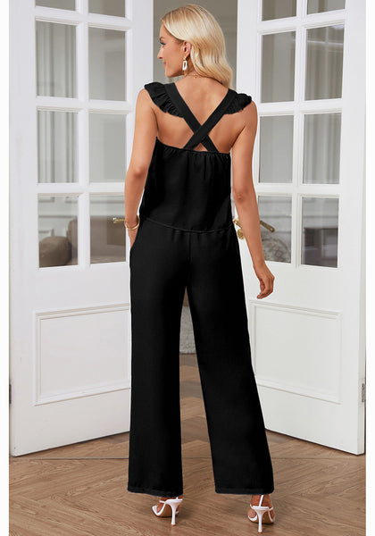 Black Women's 2 Piece Sets Flowy Square Neck Top Wide Leg Pants Vacation Two Piece Outfits