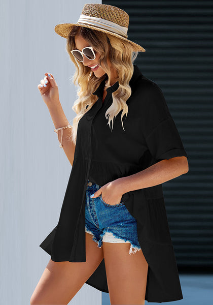Black 2023 Button Down Shirts for Women Oversized Short Sleeve Blouses Babydoll Flowy High Low Tunic Tops Summer