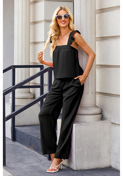 Black Women's 2 Piece Sets Flowy Square Neck Top Wide Leg Pants Vacation Two Piece Outfits