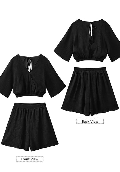Black Women's 2 Piece Outfit Textured Crop Tops Elastic Waist Flowy Shorts