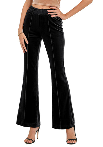 Black Women Elastic Waist High Waisted Flare Seam Slack Pant