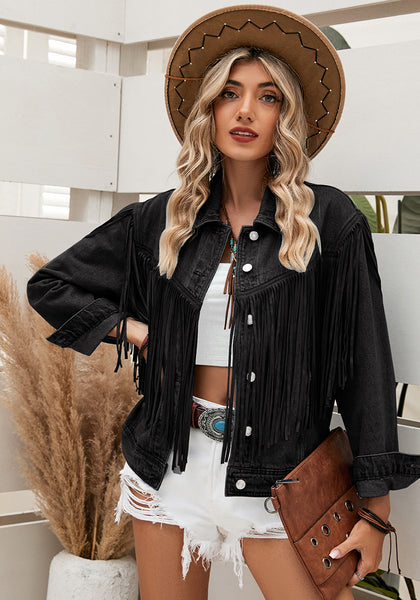 Black Women's Distressed Denim Jacket Western Cowgirl Trucker Vintage