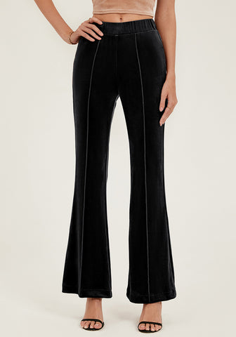 Black Women Elastic Waist High Waisted Flare Seam Slack Pant