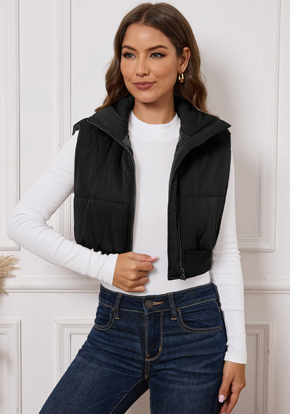 Black Sleeveless Zip Up High Neck Mini Quilted Jacket Tops Puffer Vest Y2K