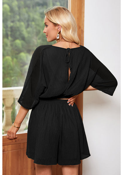 Black Women's 2 Piece Outfit Textured Crop Tops Elastic Waist Flowy Shorts