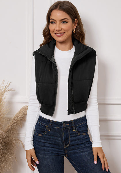 Black Sleeveless Zip Up High Neck Mini Quilted Jacket Tops Puffer Vest Y2K