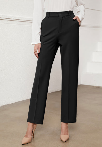 Black Women's Business Casual High Waisted Straight Leg Stretchy Elastic Waist Trousers