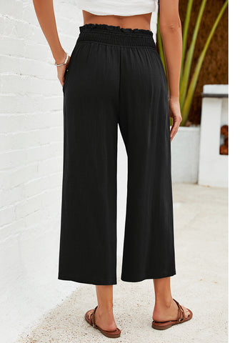 Black Women's High Waisted Wide Leg Elastic Waist Linen Palazzo Pants Pull On Smock Waist Baggy Fit Trousers