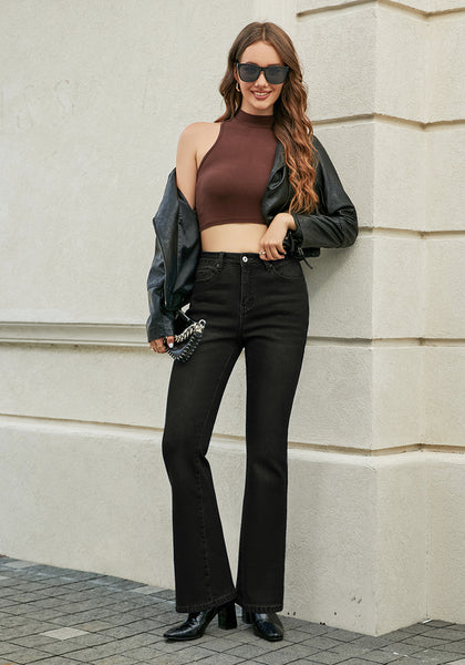 Washed Black Bootcut High Waisted Denim Pants Stretchy Fleece-Lined Pants