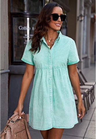Women's Short Sleeve Button Down Flowy Tiered Babydoll Denim Dress
