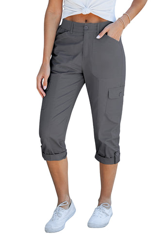 Dark Gray Women's High Wasited Cargo Pants Cuffed Hem Elastic Waist Capri Pants With Pockets
