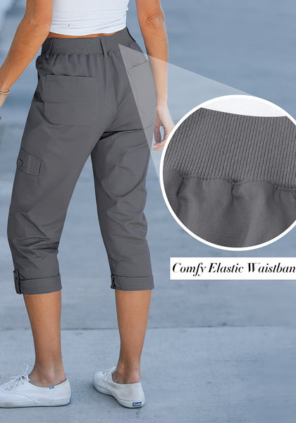 Dark Gray Women's High Wasited Cargo Pants Cuffed Hem Elastic Waist Capri Pants With Pockets