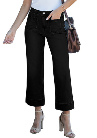 True Black 2024 Women's High Waisted Long Denim Wide Leg Pockets Cropped Pants Jeans Trouser