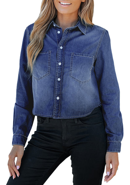 Dark Blue Women's Brief Button Down Lightweight Denim Shirt Jacket Y2K Jean Blouse