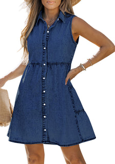 blue jean dress Wishful Blue Denim Dress for Women Sleeveless Babydoll Button Down Sho –  Lookbook Store