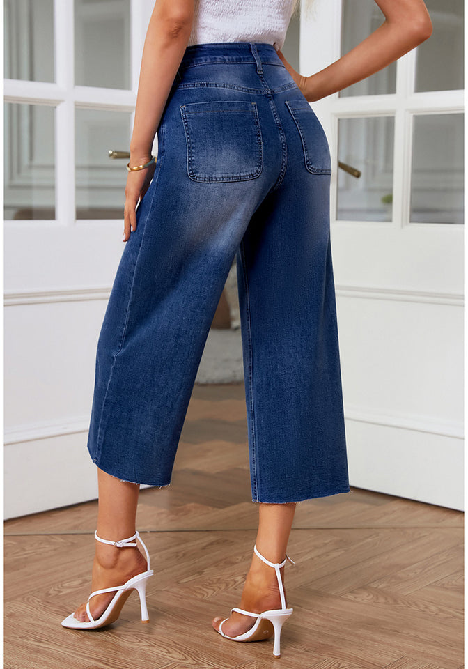 Dark Blue Women's High Waisted Denim Capri Pants Seamed Front Raw Hem –  Lookbook Store