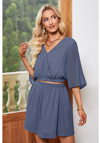 Blue Gray Women's 2 Piece Outfit Textured Crop Tops Elastic Waist Flowy Shorts