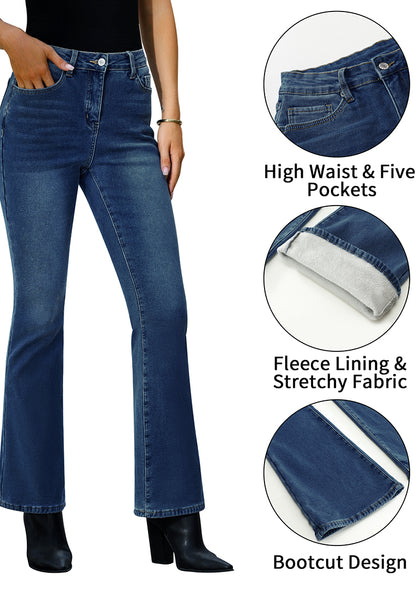 Deep Blue Bootcut High Waisted Denim Pants Stretchy Fleece-Lined Pants