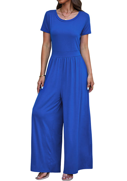 Royal Blue Women's Wide Leg Jumpsuits Baggy Loose Short Sleeves Overall