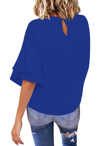 Royal Blue Trumpet Sleeves Keyhole-Back Blouse