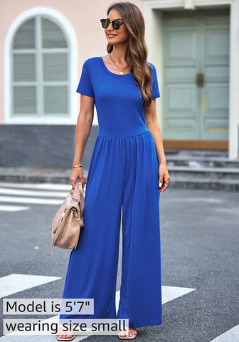 Royal Blue Women's Wide Leg Jumpsuits Baggy Loose Short Sleeves Overall