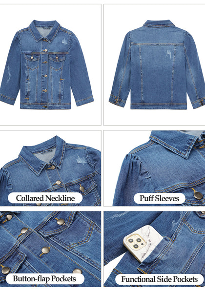 Medium Blue Women's Brief Vintage Distressed Stretchy Puff Sleeve Denim Jackets