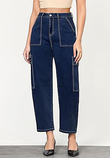 Nightfall Blue Women's Jeans Denim Relaxed Straight Ankle Length Barrel Cargo Pant