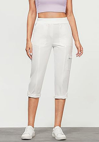 Ivory White Women Waist High Waist Slight Stretch Capri Elastic Wais