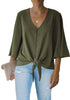 Dark Olive Women's V Neck Button Down Shirts 3/4 Bell Sleeve Tie Knot Blouse