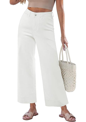 Women's High Waisted Wide Leg Cropped Denim Pants Rolled Cuff Casual Daily Wear Versatile Styling